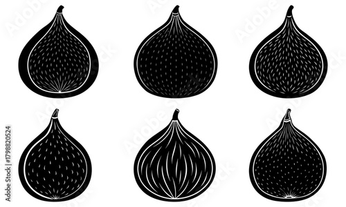 Collection of six black and white fig illustrations in varying internal compositions and outlines