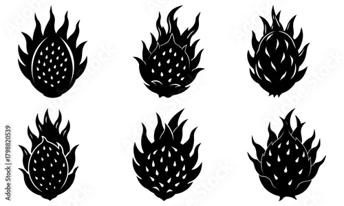 Six black dragon fruit silhouettes with unique shapes and spiky outer layers on a white background
