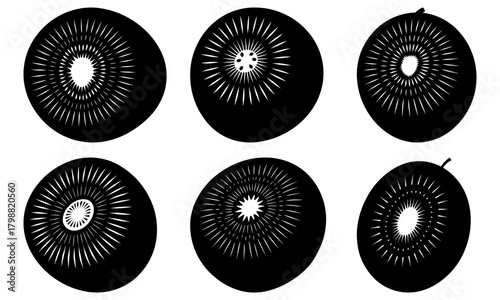 Six black and white sliced kiwi fruits arranged in two rows with varying perspectives and internal details