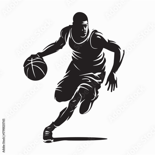 Male Athlete Dribbling Basketball Silhouette Vector on white background
