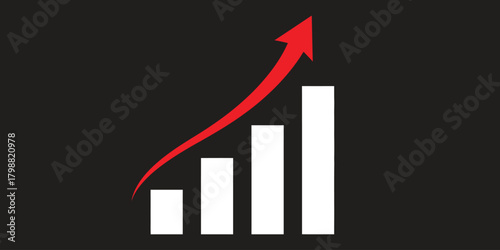 Red arrow graph showing upward trend and increasing bar chart on dark background symbolizing growth and success