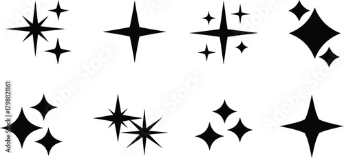 Collection of black starburst sparkle icons and symbols on a white background