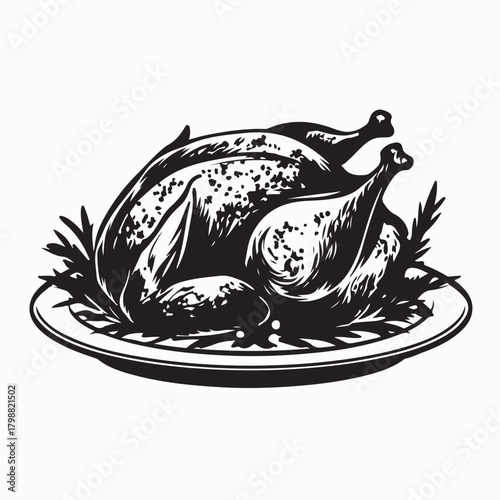 Grilled Whole Chicken on Dinner Plate Flat Vector Illustration