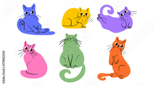 Cute cat doodle vector set. Adorable colorful cat in different poses. Hand drawn vector illustration.
