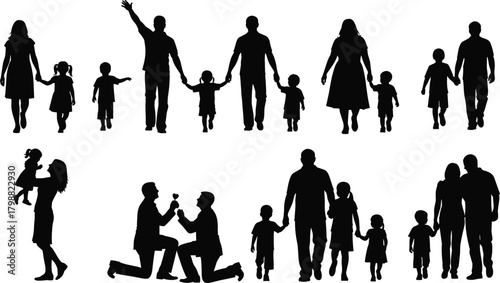 Silhouette families walking together with parents and children, romantic proposal couple, loving family moments showing unity, affection, bonding and relationship illustration