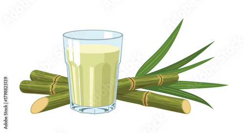 A refreshing glass of freshly squeezed sugarcane juice next to raw sugarcane stalks and green leaves on a clean white background.