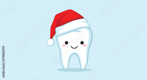 A cute and happy cartoon tooth wearing a festive red Santa hat, symbolizing oral health and holiday cheer against a light blue background.