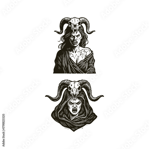 vintage engraving illustration of a fierce, dark fantasy woman or sorceress wearing a horned ram skull as a headdress