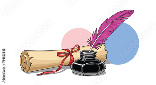 Classic writing set featuring a rolled parchment scroll with a red ribbon, an old-fashioned inkwell, and a striking pink feather quill.