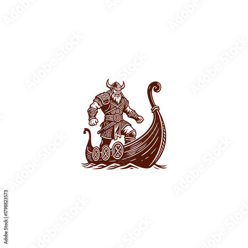 Powerful engraving illustration of a fierce Viking warrior, fully armored with a horned helmet, standing on the prow of a traditional longship sailing on rough seas