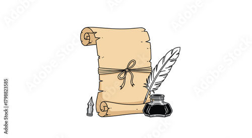 A classic writing composition featuring a tied parchment scroll, a quill pen, an inkwell, and a separate pen nib, representing historical documents.