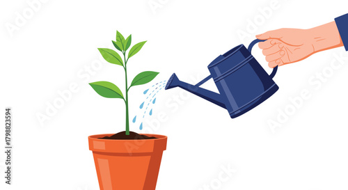 A hand waters a young green plant in a terracotta pot with a blue watering can, symbolizing growth, care, and nurturing.