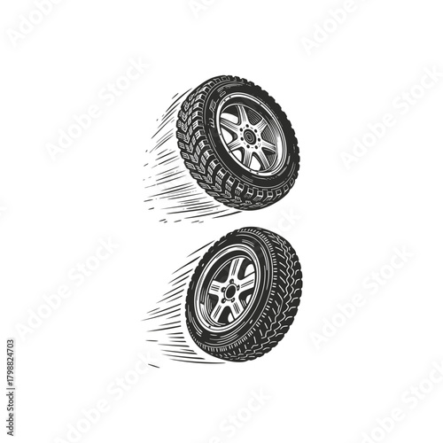 vintage engraving style illustrations featuring car or off-road tires mounted on rims vector template