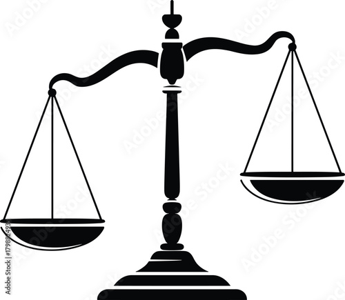 Silhouette illustration of classic balance scale symbolizing justice and equality, legal weight measurement vector graphic suitable for law design and symbolism