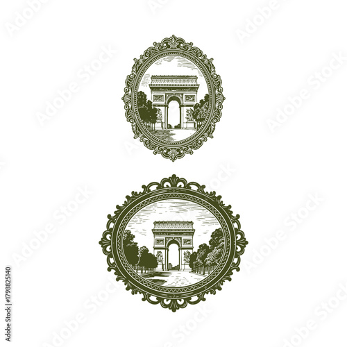 Vintage engraving style illustration of the Arc de Triomphe in Paris, France, surrounded by trees and enclosed within an elegant, oval antique ornamental frame