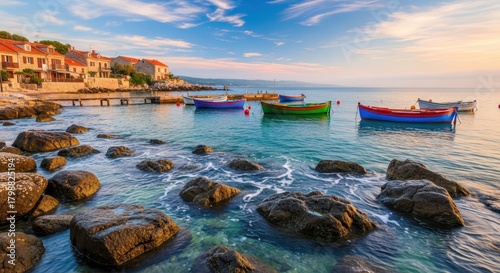 Fototapeta Naklejka Na Ścianę i Meble -  Colorful Boats Floating On Calm Water Near a Coastal Village