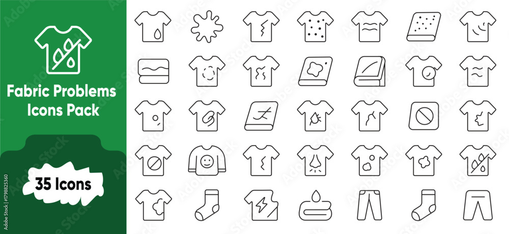 Obraz premium Clean icons showing fabric issues like stains, wrinkles, holes, odor, fungus, dust, and tears. Ideal for garment care, laundry guides, and textile use.