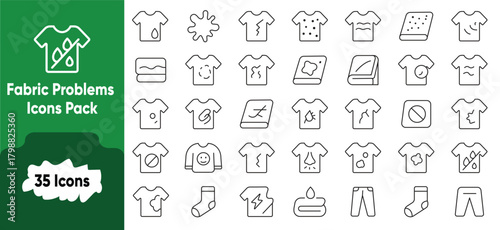 Clean icons showing fabric issues like stains, wrinkles, holes, odor, fungus, dust, and tears. Ideal for garment care, laundry guides, and textile use.