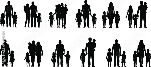 Silhouette illustration of diverse family groups with parents and children standing together representing unity, parenting, childhood, relationship and family lifestyle