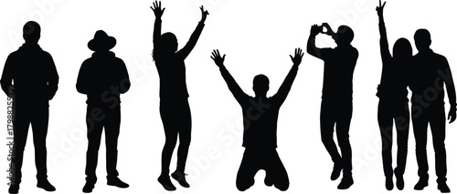 Silhouette illustration of diverse people celebrating, posing, standing, cheering and taking photos showing various expressive human actions and lifestyle gestures