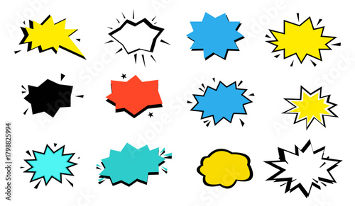Set of bright empty cartoon speech bubble stickers including clouds, stars, and halftone patterns on a clear background. Pop art retro vector illustration style. For comic books, banners, and poster 