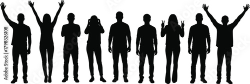 Silhouette illustration of diverse people standing, cheering, posing and expressing emotional gestures representing modern lifestyle, celebration, unity, joy and human expression