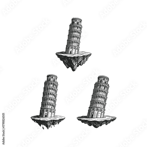 Surreal vintage engraving illustration set of the Leaning Tower of Pisa (Torre Pendente di Pisa) standing on stylized, floating islands