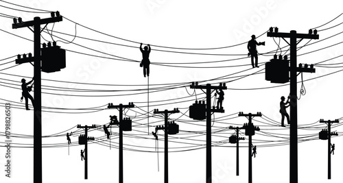 Silhouette illustration of electrical line workers repairing and maintaining utility power poles with cables, transformers and high-voltage wires across energy infrastructure network