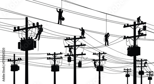 Silhouette illustration of electrical line workers repairing, installing and maintaining high-voltage power cables on multiple utility poles across energy grid infrastructure