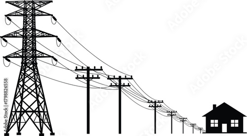 Silhouette illustration of electrical transmission tower and utility power line poles delivering energy across distance leading directly to residential house connection system