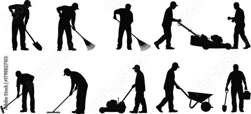 Silhouette illustration of landscaping workers performing various gardening tasks such as raking, shoveling, mowing, pushing wheelbarrow and maintaining outdoor yard areas