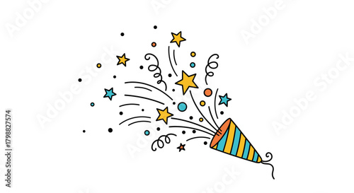 A colorful hand-drawn illustration of a party popper exploding with stars, confetti, and streamers, celebrating an event or holiday.