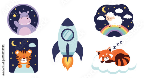 A collection of cute cartoon illustrations for children, featuring animals, space, and nighttime dream themes.