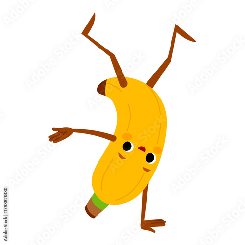 Cute banana balances on one hand. Funny fruit isolated on white background. Yellow flat character for children designs and healthy food posters