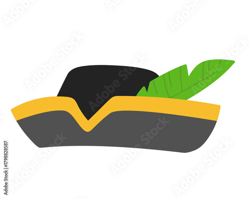 Black pirate hat with a green feather on top. Flat vector illustration isolated on white background. Accessory for themed cards, adventure games and party decorations