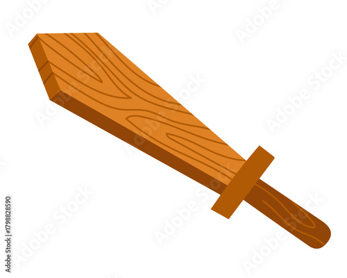 Wooden toy sword in flat style with brown colors. Illustration isolated on white background. Vector image for crafts, game icons or playful design projects.