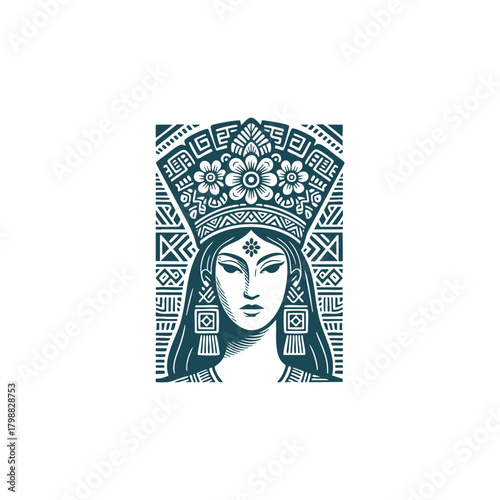 Xochiquetzal, Aztec Goddess of flowers, love, and fertility. Stylized portrait illustration of the female deity wearing an elaborate crown with geometric tribal patterns