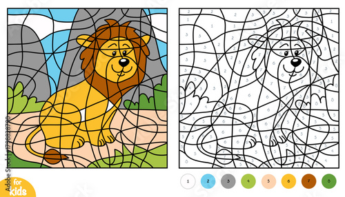 Cute lion on African background color by number page for kids. Fun and educational activity game for preschool and kindergarten children. Square kawaii picture to learn numbers and colors