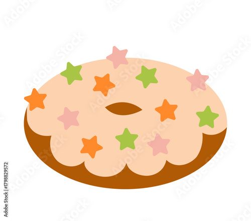 Sweet donut with beige cream and star-shaped sprinkles. Flat vector illustration isolated on white background. Cute dessert design for bakery menu and kids projects