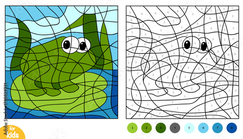 Cute frog on background of toad. Color by number page for kids. Fun and educational activity game for preschool and kindergarten children. Square picture to learn numbers and colors