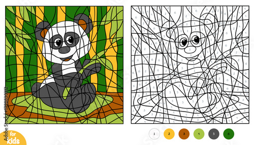 Cute panda on bamboo forest background color by number page for kids. Educational activity game for preschool and kindergarten children. Square picture to learn numbers and colors