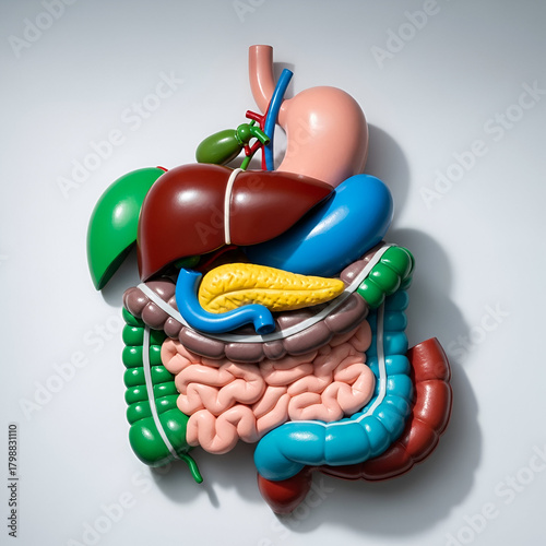 Model of Human Digestive System Anatomy Displayed Against White Background