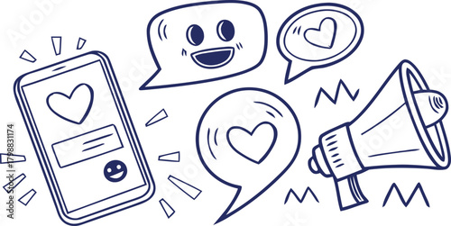 Doodle illustrating social media communication, digital marketing, and online engagement a smartphone, chat bubbles, and megaphone for internet interaction and promotion