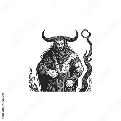 Veles, Slavic God of the Underworld. Dark vintage woodcut style illustration of a horned figure with traditional clothes standing on human skulls and bones. Occult mythology vector.