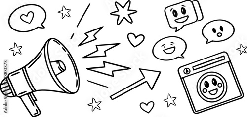 Hand-drawn doodle illustration of a megaphone and social media icons, representing communication and engagement