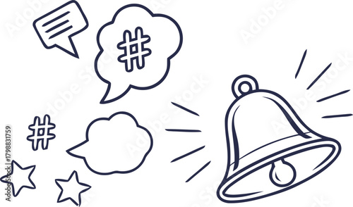 Set of social media icons featuring a bell, speech bubbles with hashtags, and stars