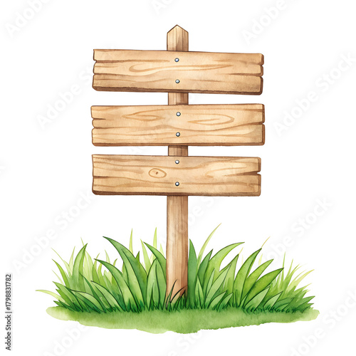 Watercolor Wooden signpost with grass isolated on a transparent background