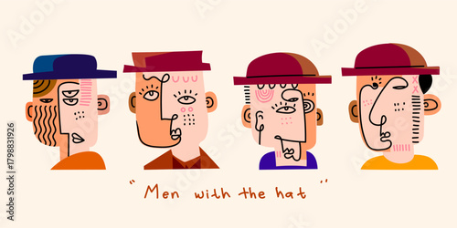 Man with a hat figure portrait abstract doodle geometric cubism vector illustration. Isolated on white background design for wall art, decoration, greeting, print and card.
