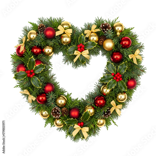Stunning heart-shaped Christmas wreath bursting with vibrant red and gold ornaments, pinecones, and festive holly leaves creating holiday cheer.