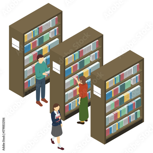 アイソメトリックイラスト：図書館の本棚
